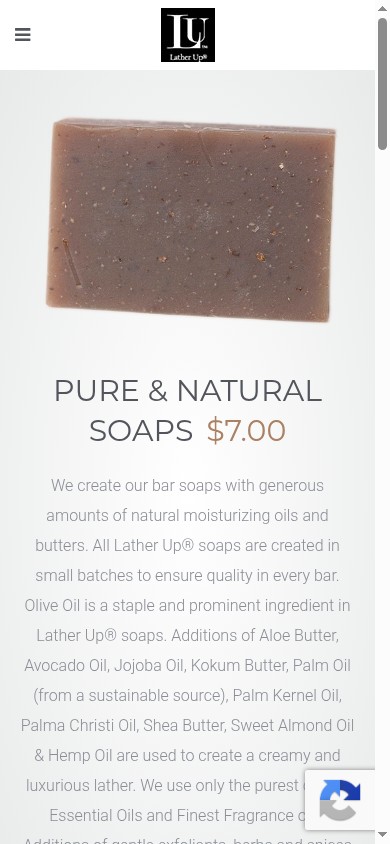 The current latherupsoaps.com homepage on mobile — straight into a product card with dense description text