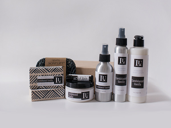 Box 1 gift set, photographed with the fullest lineup of soaps, mists, lotions and balm