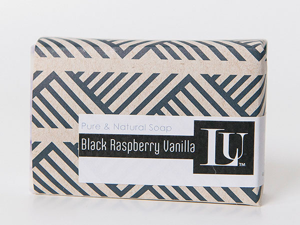 Black Raspberry Vanilla bar soap in navy chevron kraft wrap