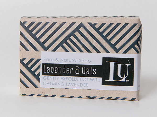 Lavender and Oats bar soap in kraft chevron wrap
